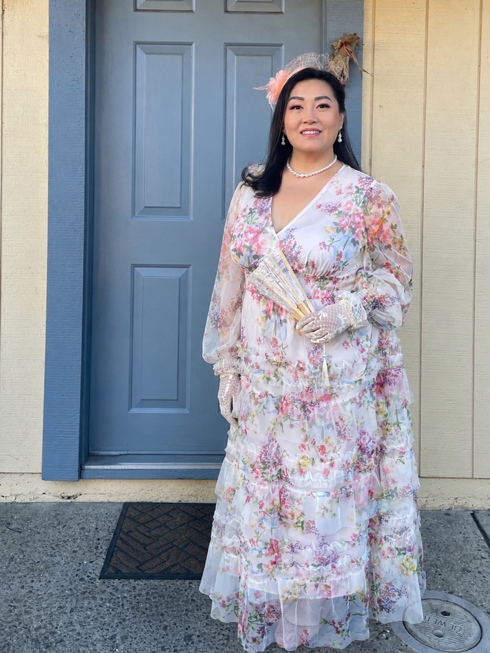 3X Floral V-Neck Maxi Dress in Pastel Pink and Cream